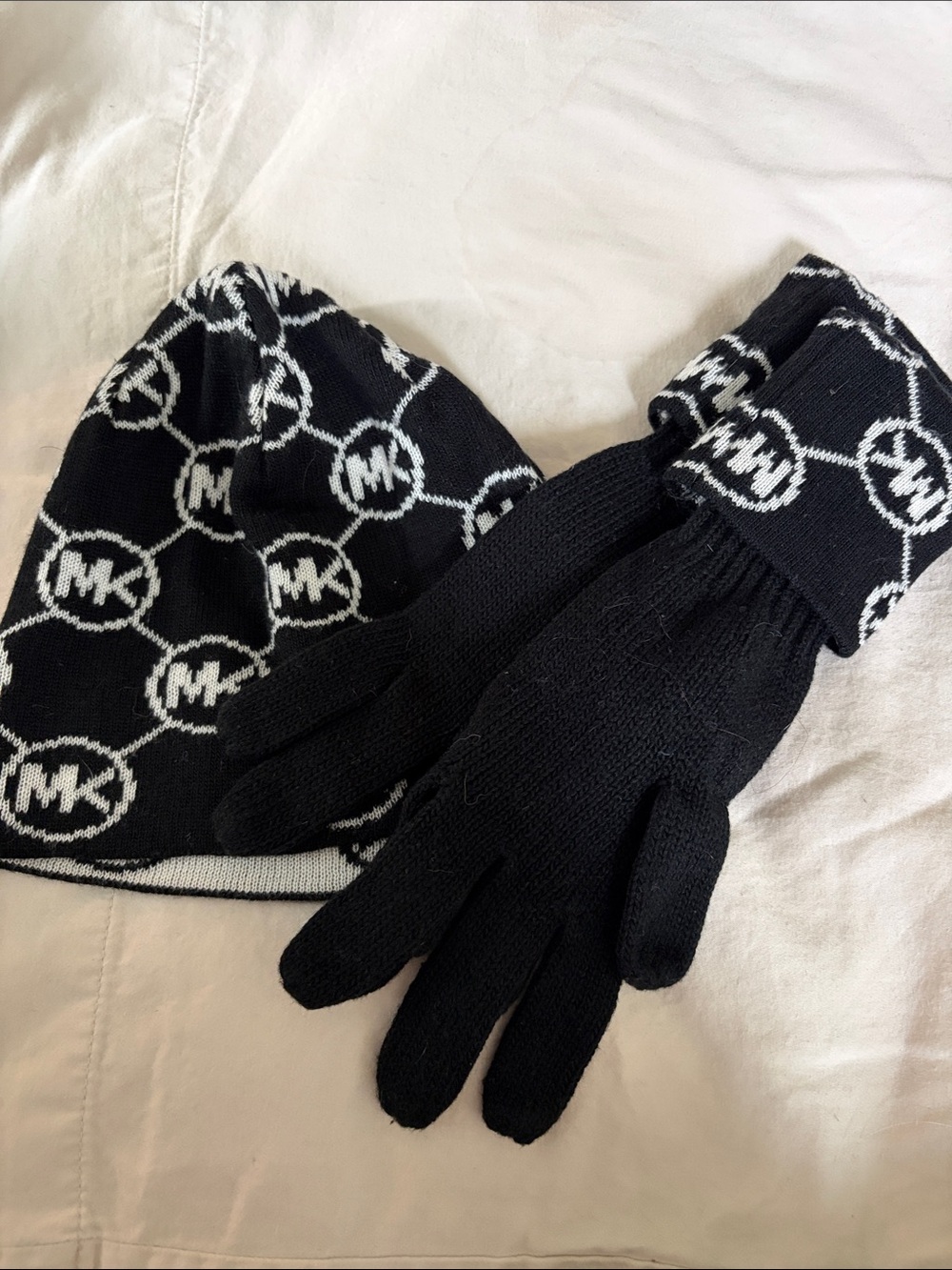 Michael Kors Black and White MK Logo Knit Hat & Gloves Set